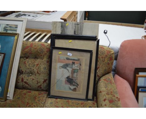A watercolour and pencil sketch of a shoreline signed to bottom right; together with two coloured Japanese print signed to bo