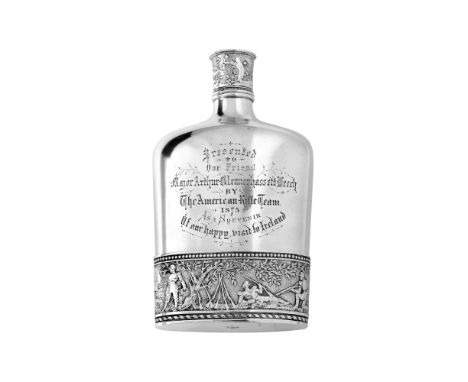 A late 19th Century American silver commemorative hip flask, Gorman, 1874, to commemorate the second Leech Cup of 1875relief 