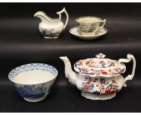 A Llanelly pottery Amherst Japan pattern teapot together with a Swansea blue and white Ladies with baskets pattern slops basi