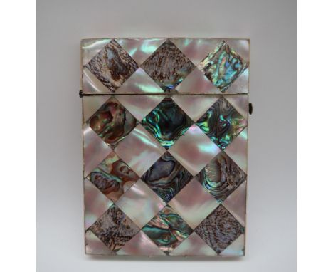 A Victorian mother of pearl and abalone shell card case, f rectangular form with geometric panels, 101mm high