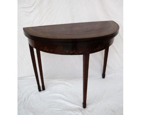 A 19th century mahogany card table, the D shaped top painted to the centre with cupid in a ring of flowers and vases enclosin