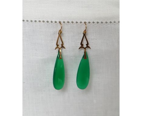 A pair of 9ct gold and jade drop earrings