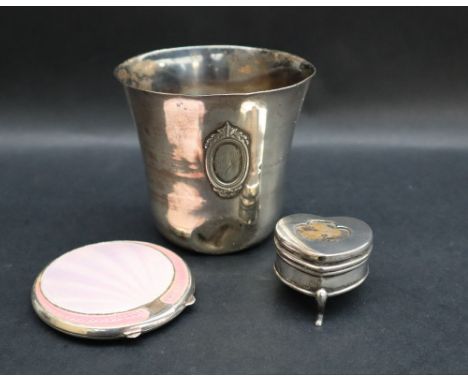 A silver and enamel Art Deco style powder compact, of circular form, Birmingham, date letter indistinct, Joseph Gloster Ltd, 
