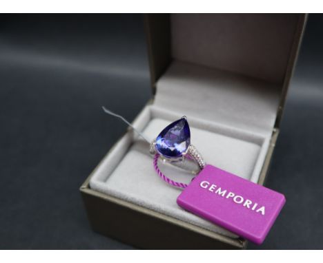 Gemporia - A 7.5cts pear shaped Tanzanite and diamond platinum Lorique ring, size N to O, metal 6.34g with certificate