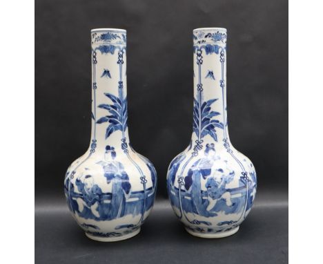 A pair of Chinese blue and white porcelain bottle vases, decorated with figures in an interior with leaves and flowers, 31cm 