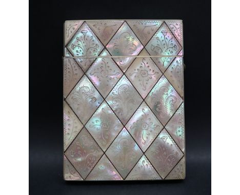 A Victorian mother of pearl card case, of rectangular form decorated with geometric panels of flowers and leaves, 105mm high 