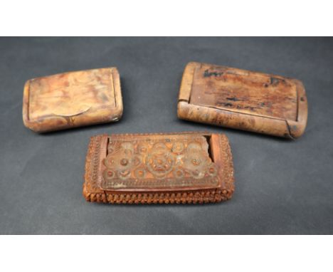 A 19th century burr wood snuff box, of rectangular form, together with two other snuff boxes
