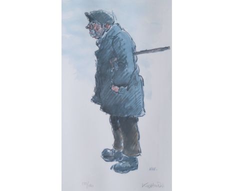 Kyffin WilliamsA Farmer standing with a walking stick under his armA limited edition print, No.133/150Signed in pencil to the