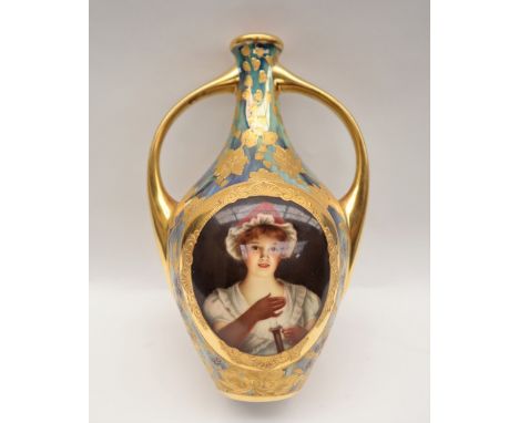 A Vienna style porcelain twin handled vase painted with a portrait titled Lissette, to a turquoise and blue ground and gilt d