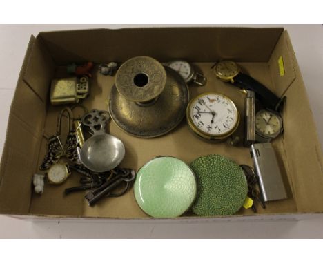 An enamel decorated compact; a shagreen decorated similar; various cigarette lighters; a large pocket watch AF; various other