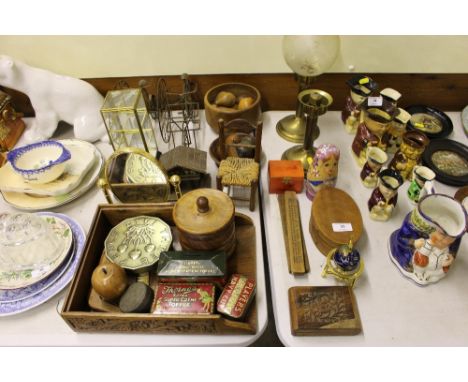 Two candle lamps, one with shade; two model vintage cycles; a carved wooden tray; a collection of old tins etc.