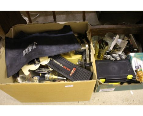 Two boxes of pub items and tools etc.
