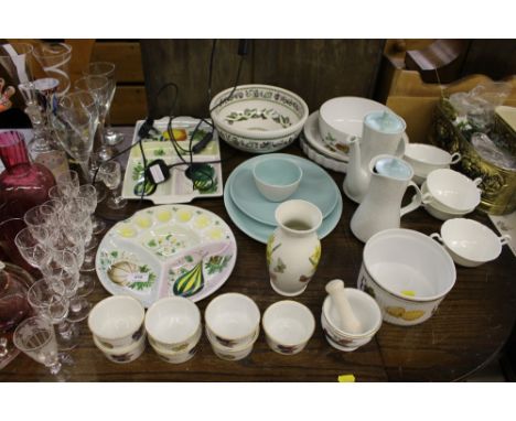 A Portmeirion bowl; Poole pottery coffee pot and plates; Royal Worcester ramekins and dishes; a brass embossed jardiniere; a 