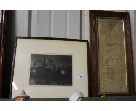 A religious needlework embroidery together with a pencil signed black and white print depicting Strafford Church