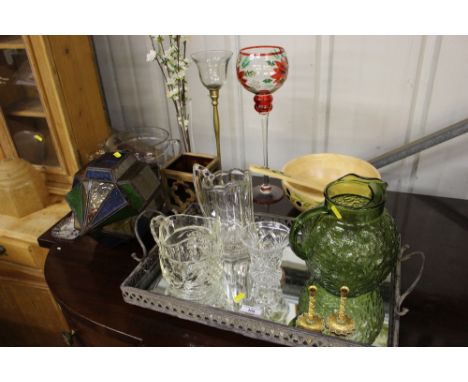 A quantity of various glassware to include a mirrored tray; a turned wooden bowl etc.