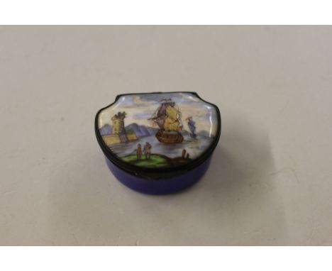 A 19th Century enamel patchbox decorated with a ship and sea