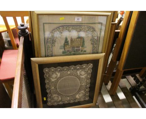 After Adrian Rigby, a coloured print "Titanic's last sunset"; together with three needlework embroideries and a framed and gl