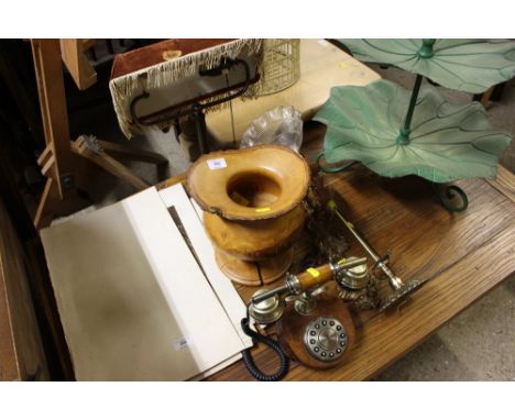 A turned cedar wood vase; together with an Art Deco desk lamp; telephone and light fittings