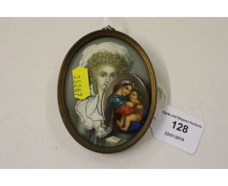 A hand painted miniature portrait of a seated lady together with a small painted porcelain plaque of mother and child