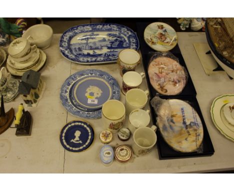 Three boxed Royal Worcester Edwardian Summer plates; together with a Victorian blue and white transfer printed meat plate, co