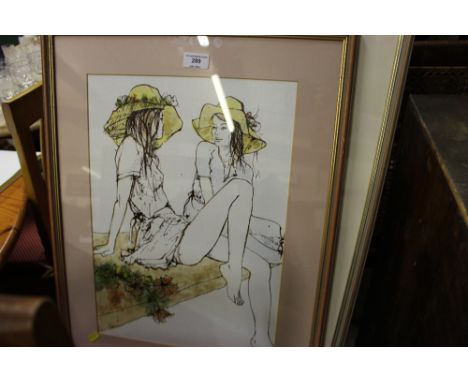 A framed and glazed coloured landscape print depicting a bridge over water and a portrait study of a lady