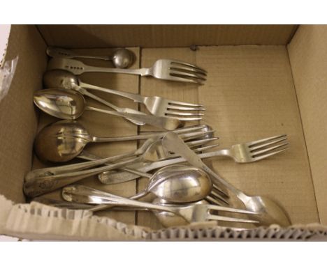 A box containing silver plated cutlery; two silver forks; two silver spoons and a silver mustard spoon