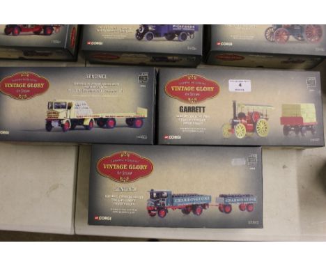 Three Corgi Vintage Glory of Steam boxed models, Garrett Road Tractor and flat bed trailer; a Sentinel drop side wagon, trail