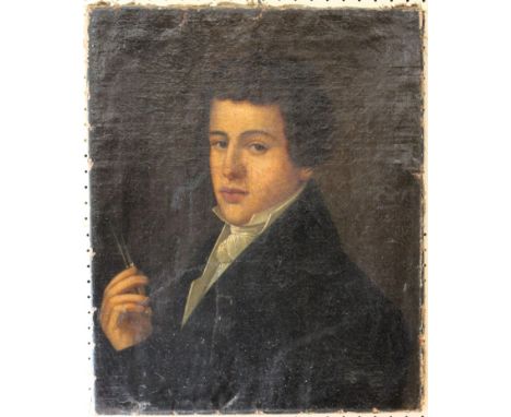 Late 18th /early 19th century English school. Bust length portrait of a young mathematician holding a pair of dividers.  Oil 