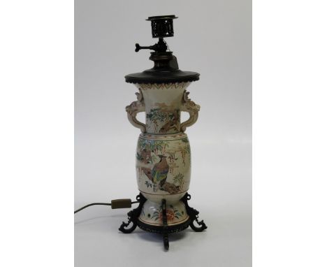 A 19th century Japanese earthenware vase with bronze mounts, painted bird and flora decoration. Later converted as a lamp. 60