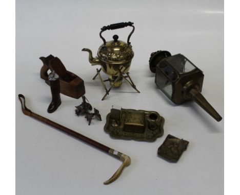 A mixed collectors lot, including riding crop, brass coaching lamp, spirit kettle, Middle Eastern smoking companion, plane an