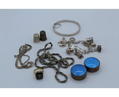 A collection of silver jewellery comprising a silver charm bracelet with eight charms, to include a lute, teapot, horse, shel