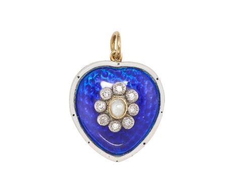 AN ANTIQUE DIAMOND, PEARL AND ENAMEL HEART PENDANT in yellow gold and silver, set with a pearl in a cluster of single cut dia