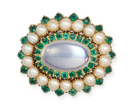 A MOONSTONE, EMERALD AND PEARL BROOCH / PENDANT in yellow gold, set with an oval cabochon moonstone in a border of round cut 