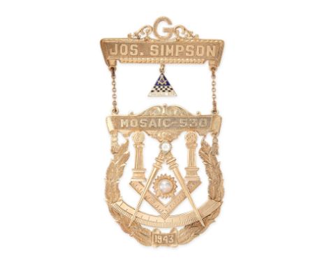 AN ANTIQUE GEMSET MASONIC BROOCH in yellow gold, suspending an enamel Masonic pendant set with a moonstone man in the moon an