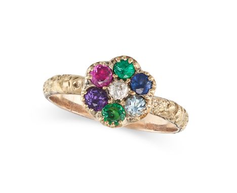 A GEMSET ACROSTIC CLUSTER RING in yellow gold, set with an old cut diamond in a cluster of round cut emeralds, sapphire, amet