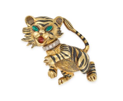 A DIAMOND AND ENAMEL TIGER BROOCH in 14ct yellow gold, designed as a tiger accented by black enamel stripes, green enamel eye