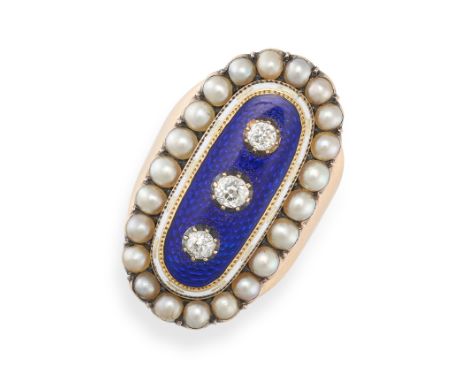 AN ANTIQUE DIAMOND, PEARL AND ENAMEL MOURNING RING, 18TH CENTURY AND LATER in yellow gold, the oval face set with three old c