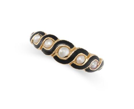 AN ANTIQUE PEARL AND ENAMEL RING in yellow gold, set with five pearls accented by black enamel, the reverse with a glass cove