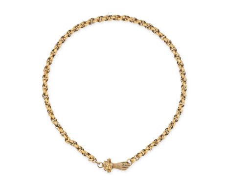 AN ANTIQUE GEORGIAN HAND FANCY LINK CHAIN NECKLACE in yellow gold, the fancy link chain terminating in a clasp in the design 