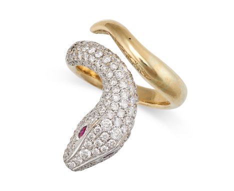 A RUBY AND DIAMOND SNAKE RING in 18ct white and yellow gold, designed as a coiled snake, pave set with round brilliant cut di