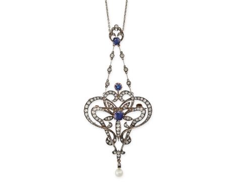 AN ANTIQUE EDWARDIAN SAPPHIRE, DIAMOND AND PEARL PENDANT NECKLACE / BROOCH in platinum and yellow gold, the brooch / pendant 