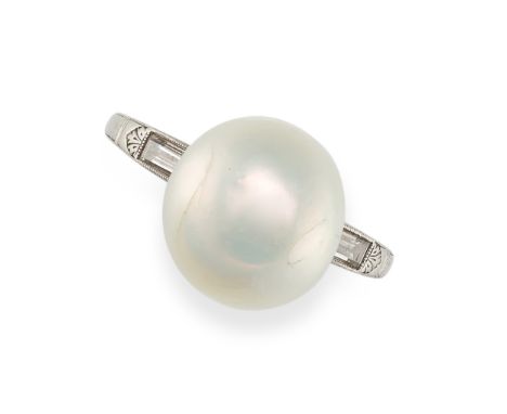 A NATURAL PEARL AND DIAMOND RING in white gold, set with a pearl of 11.1mm, the shoulders set with baguette cut diamonds, no 