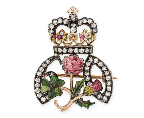 AN ANTIQUE VICTORIAN DIAMOND, ENAMEL, RUBY AND PERIDOT GOLDEN JUBILEE BROOCH designed as the number 60 set with old cut diamo