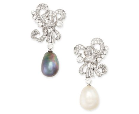 A PAIR OF PEARL AND DIAMOND EARRINGS designed as a ribbon tied as a bow, set with round brilliant and baguette cut diamonds, 