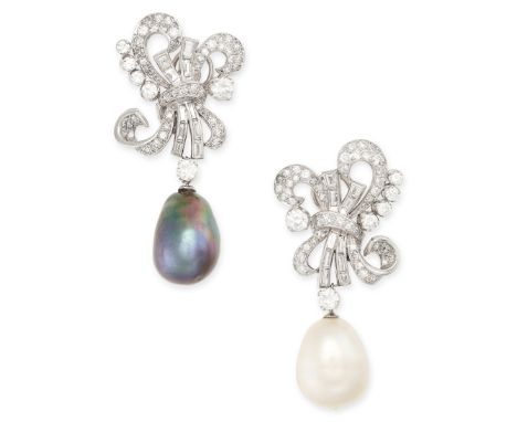 A PAIR OF PEARL AND DIAMOND EARRINGS designed as a ribbon tied as a bow, set with round brilliant and baguette cut diamonds, 