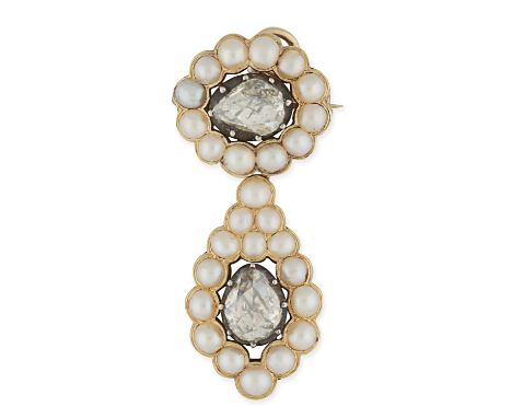AN ANTIQUE PEARL AND DIAMOND BROOCH / PENDANT, 19TH CENTURY in yellow gold and silver, set with a pear shaped rose cut diamon