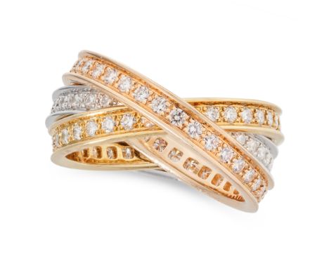 CARTIER, A TRINITY DE CARTIER DIAMOND RING in 18ct yellow, white and rose gold, the three interlocking bands set with round b
