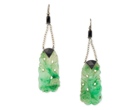 A PAIR OF ANTIQUE ART DECO JADEITE JADE, ONYX AND PEARL DROP EARRINGS each with a faceted onyx suspending a drop of pearls te