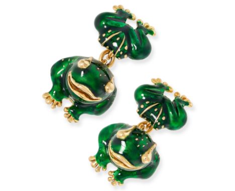 SAZINGG, A PAIR OF ENAMEL FROG CUFFLINKS in 18ct yellow gold, the bodies decorated with green enamel, signed Sazingg, stamped
