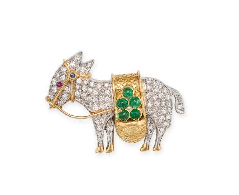HENNELL, A VINTAGE GEMSET DONKEY BROOCH in 18ct yellow and white gold, designed as a donkey with a carrying bag, set througho